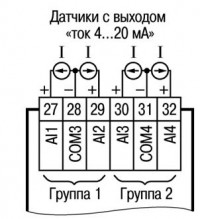 Подключение активного датчика с выходом типа «Ток 4…20 мА» (к входам I10…I12 аналогично)