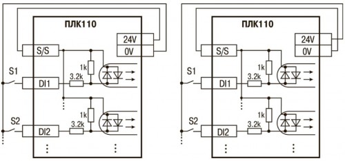 Схема подключения контактных датчиков (Sl-Sn) к входам ПЛК110-60.К.