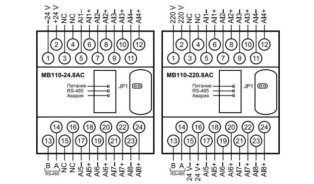 Общая схема подключения МВ110-24.8АС и МВ110-220.8АС