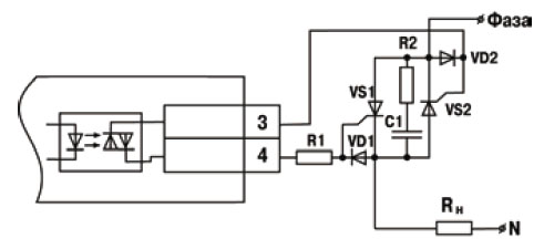 Схема подключения нагрузки к ВУ типа С двух тиристоров, подключенных встречно-параллельно.